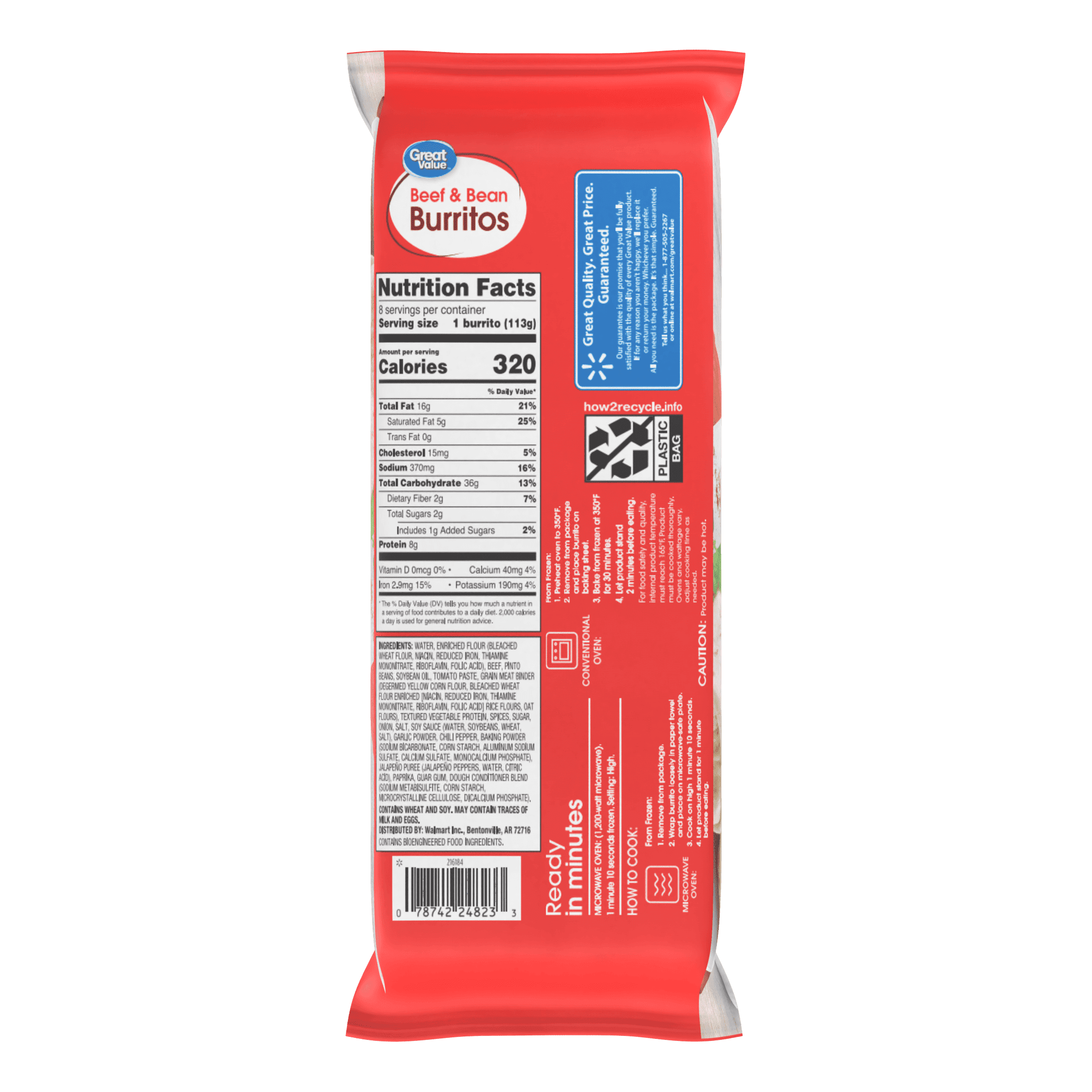 Great Value Beef & Bean Burritos Frozen 8 Count 32 Oz