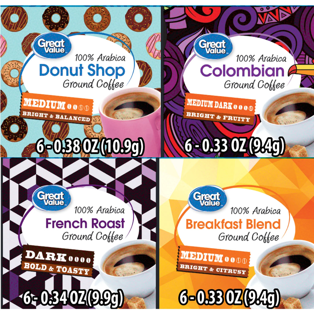 Great Value Unflavored Ground Coffee Pods Variety Pack 24 Count 8.3 oz Box