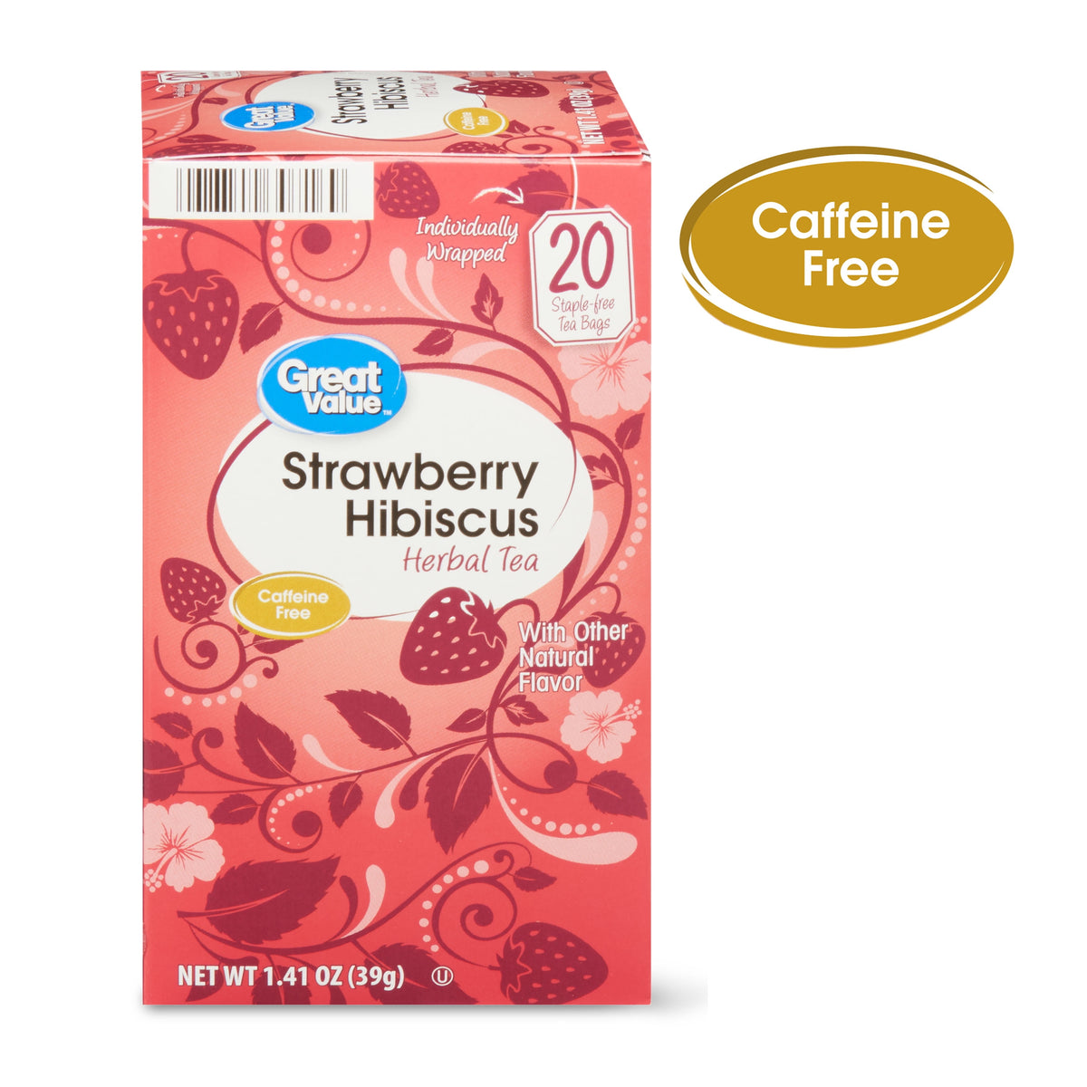 Great Value Strawberry Hibiscus Herbal Tea Bags Caffeine Free 1.41 oz 20 Count