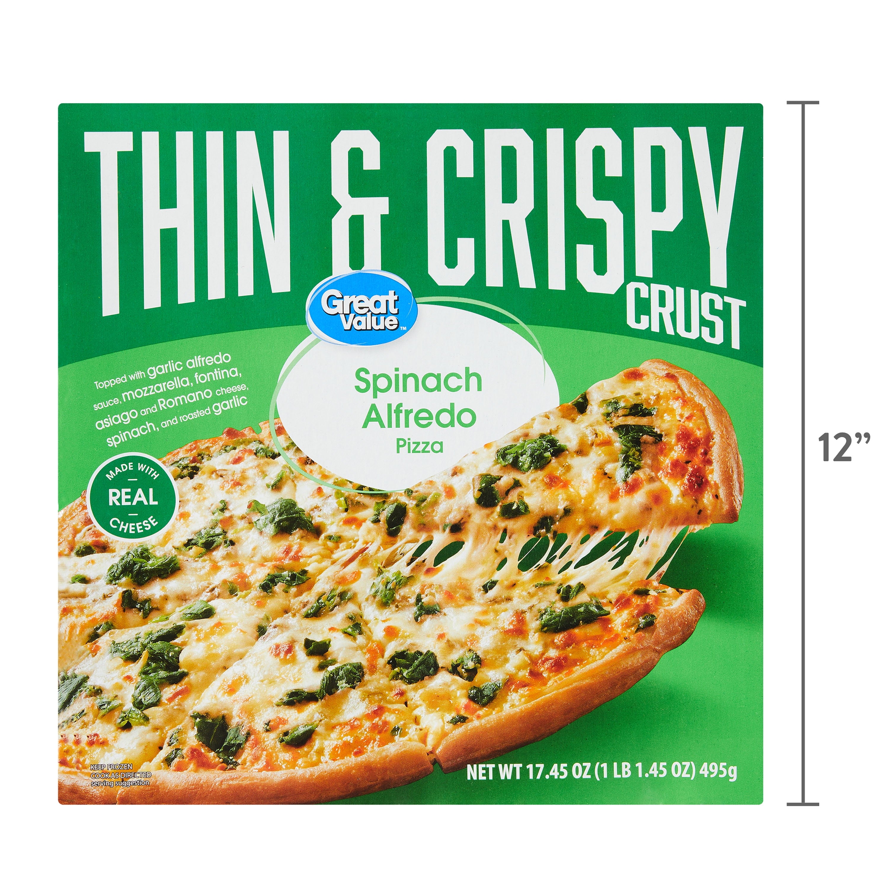 Great Value Thin and Crispy Crust Spinach Alfredo Frozen Pizza 17.45 Oz