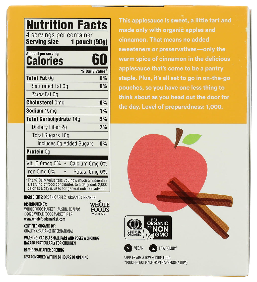 Organic Cinnamon Applesauce Pouches Unsweetened 3.2 Oz 4 Ct 365 By Whole Foods Market