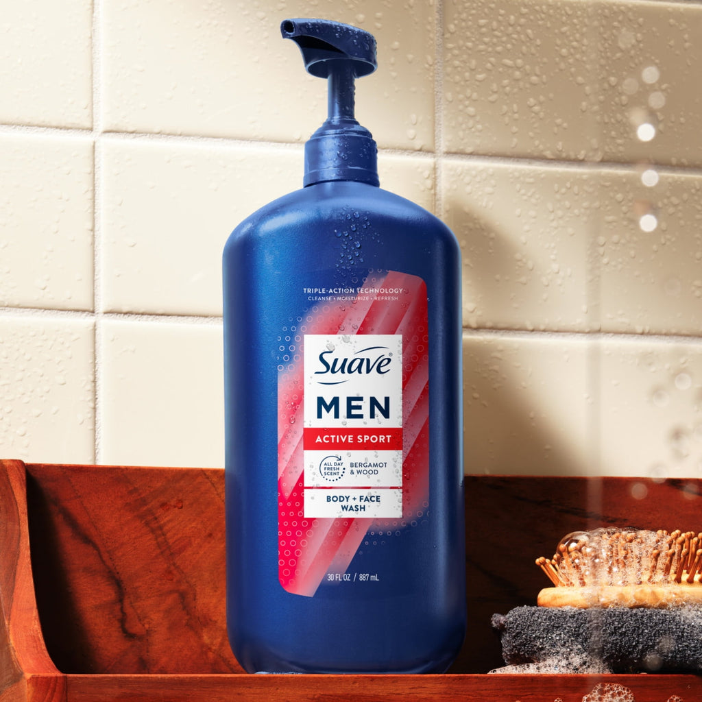 Suave Men Active Sport 2-in-1 Body & Face Wash with Glycerin & Vitamin E 30 fl oz