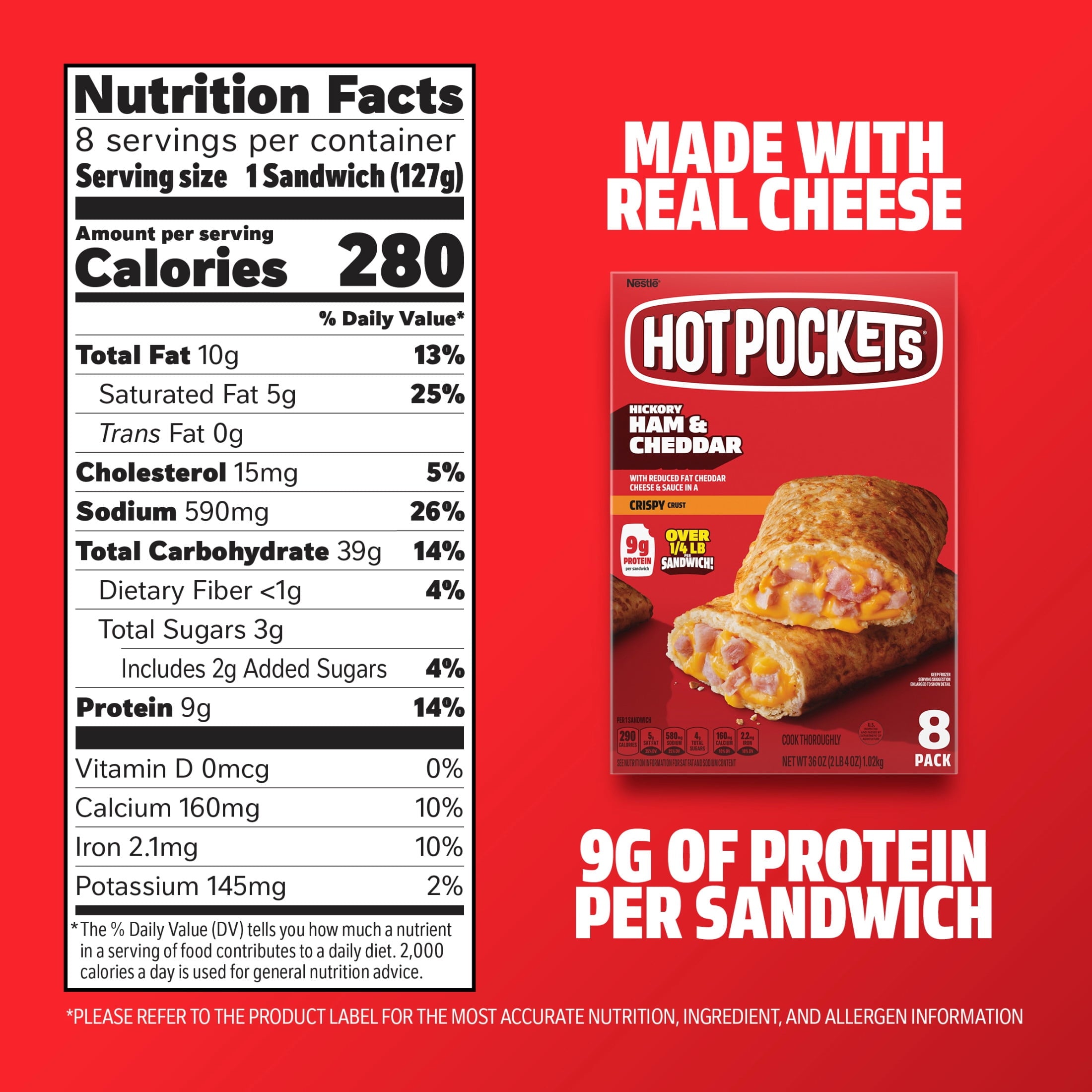 Hot Pockets Hickory Ham and Cheddar Frozen Sandwich Snacks 36 Oz 8 Count