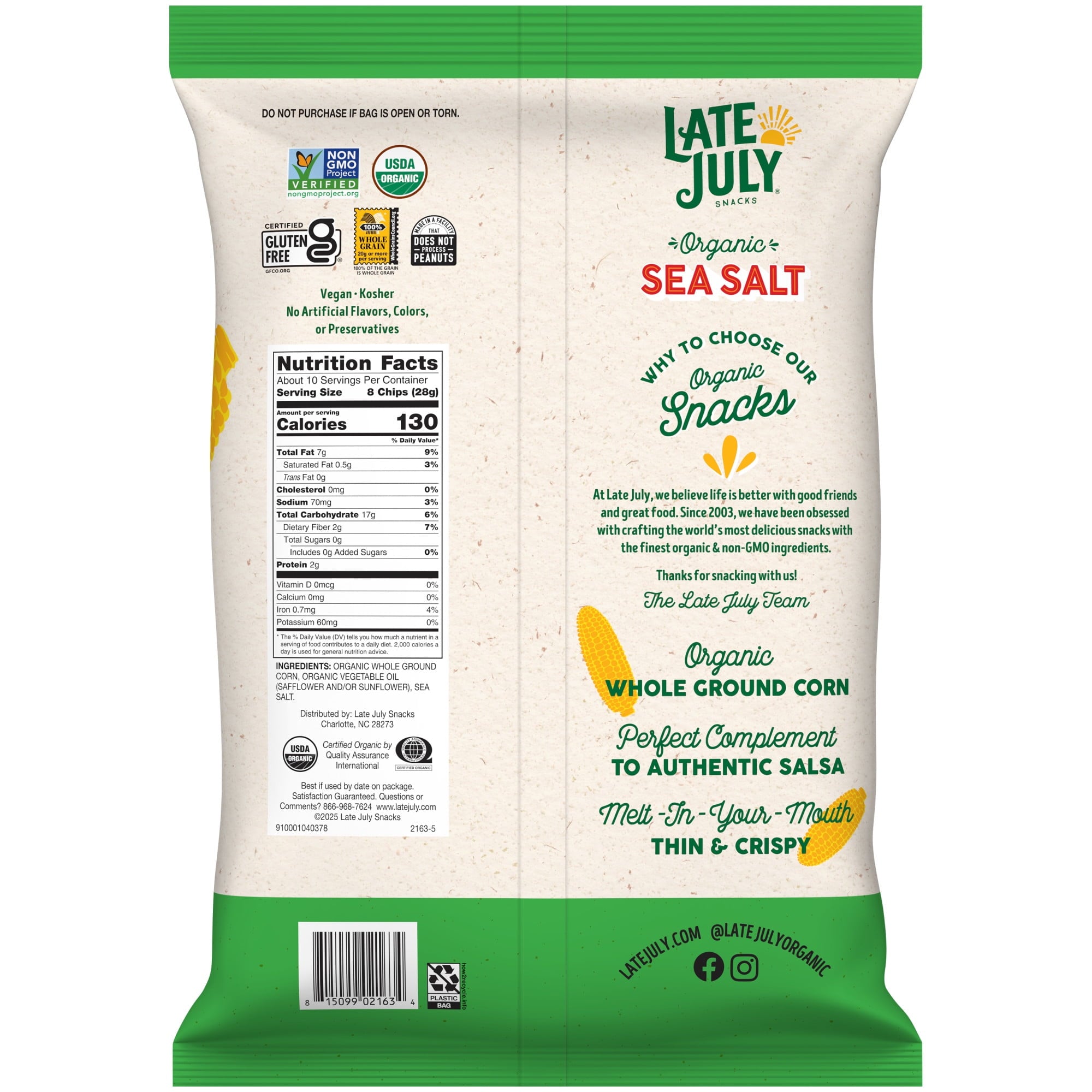Sea Salt Organic Tortilla Chips 10.1 Oz Late July