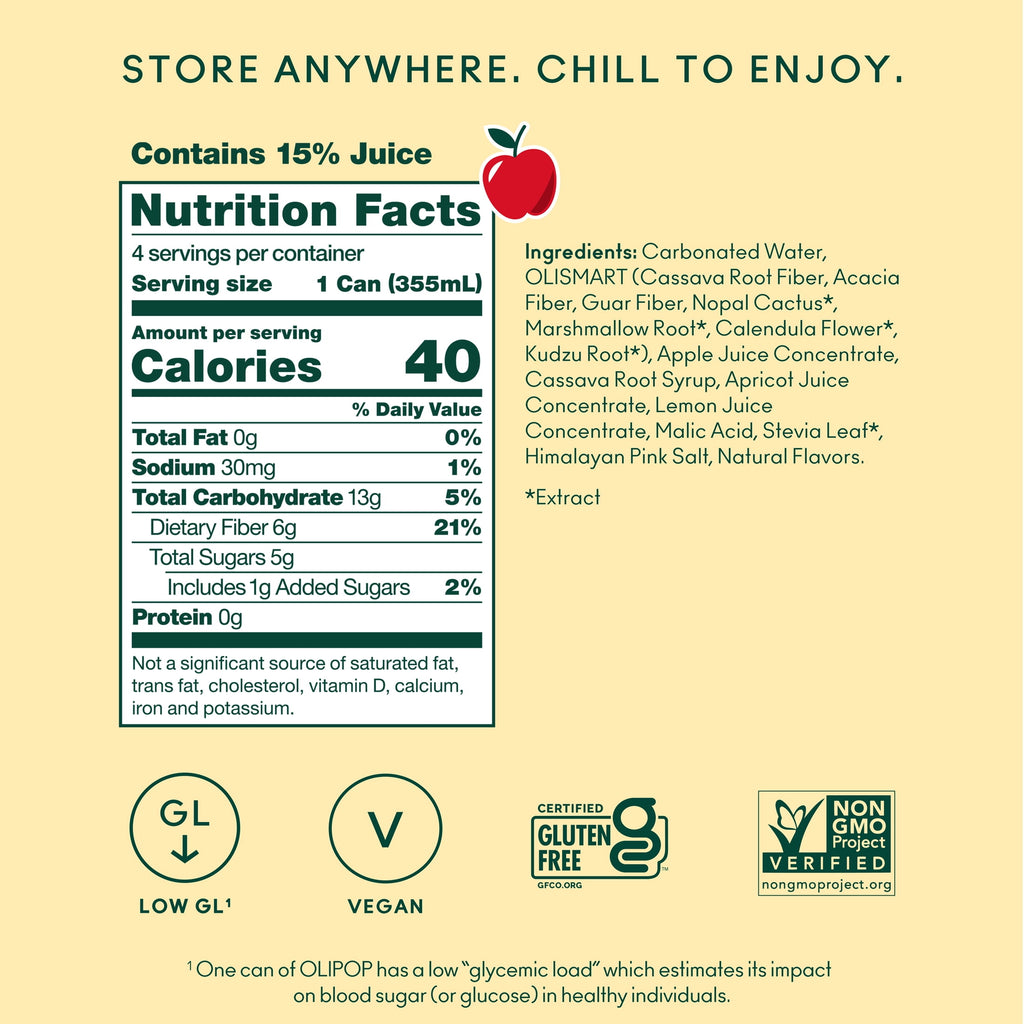 OLIPOP 6g Fiber Prebiotic Soda Crisp Apple 12 Fl Oz 4 Pack