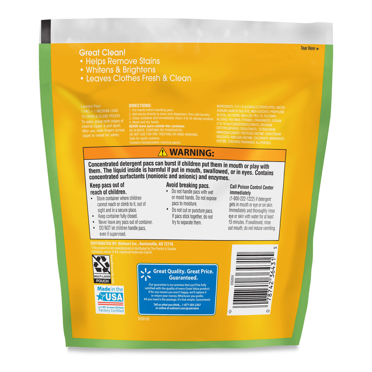 Great Value Ultimate Fresh Laundry Detergent Pacs Original Clean 14 Count