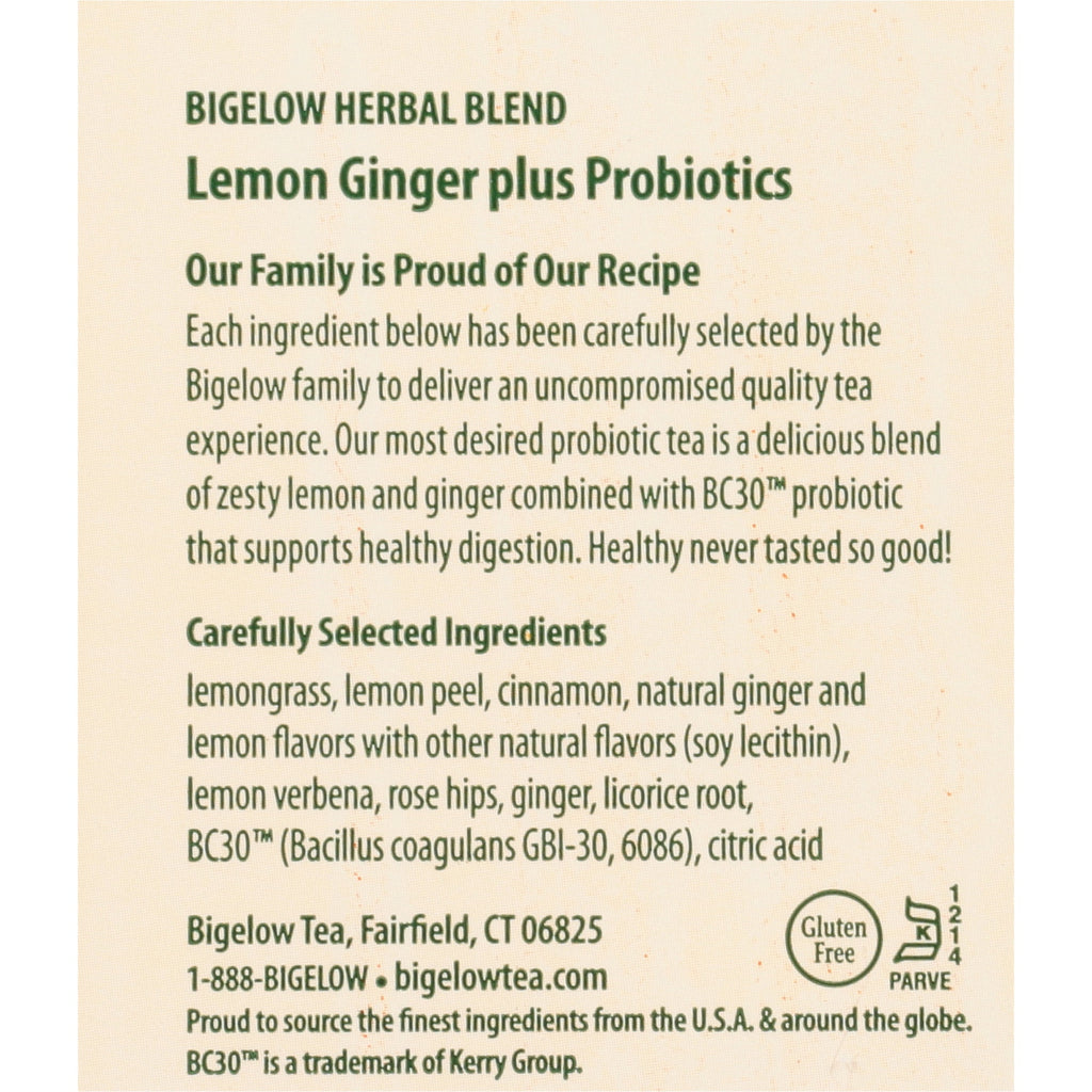 Bigelow Tea Lemon Ginger Plus Probiotics Caffeine-Free Herbal Tea Bags 18 Count