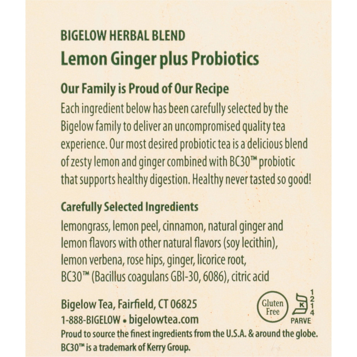 Bigelow Tea Lemon Ginger Plus Probiotics Caffeine-Free Herbal Tea Bags 18 Count