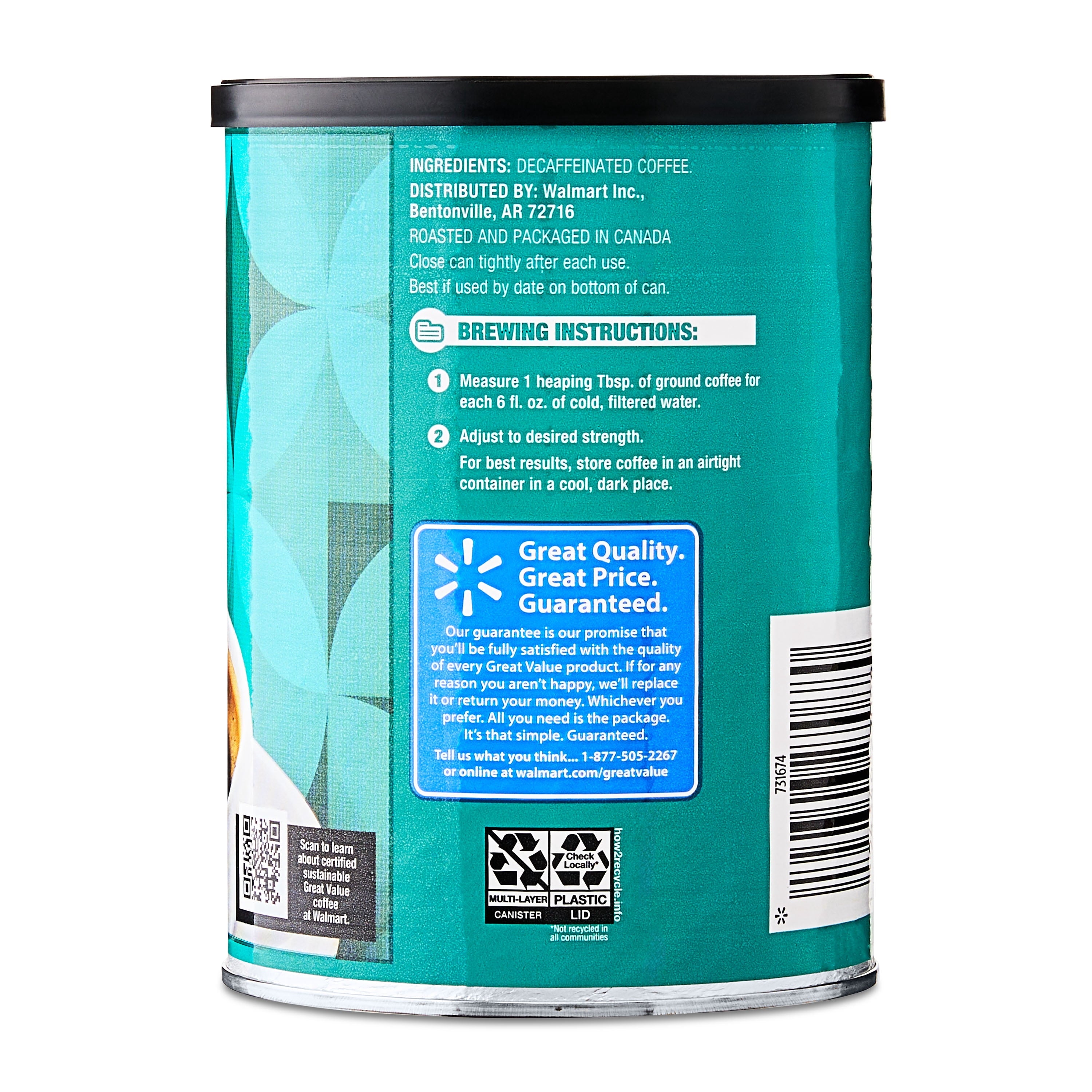 Great Value Naturally Decaffeinated Classic Medium Roast Ground Coffee 9.6 oz Canister