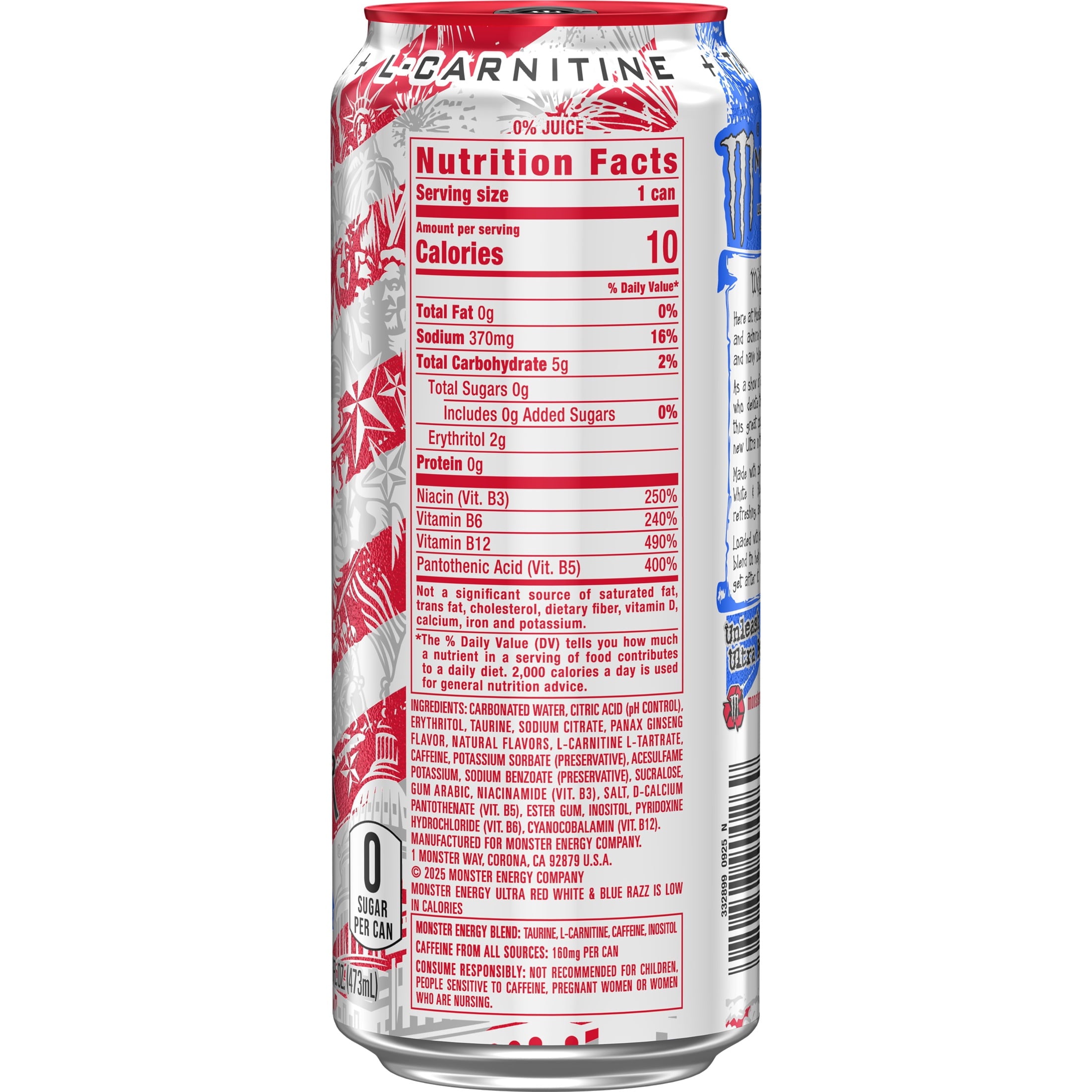 Monster Energy Ultra Red White & Blue Razz Sugar Free Energy Drink 16 fl oz 24 Pack Cans