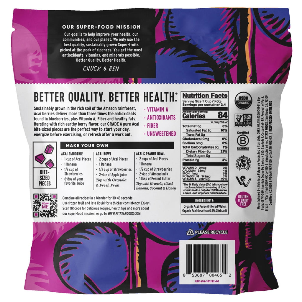 Pitaya Foods Frozen Acai Berry Pieces Pure Unsweetened Organic 12 Oz