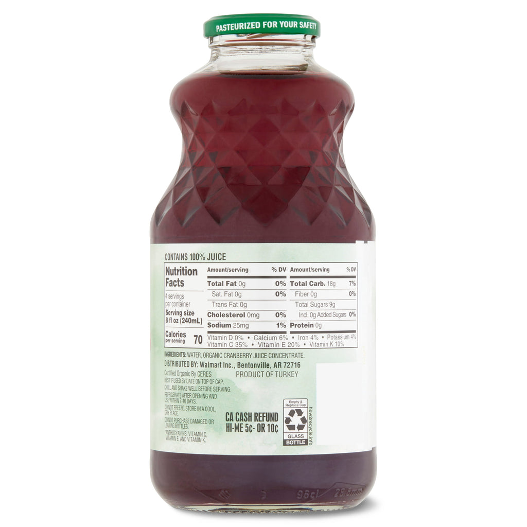 Great Value Organic Cranberry Juice 32 fl oz Bottle