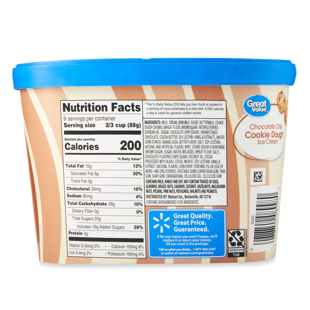 Great Value Chocolate Chip Cookie Dough Ice Cream 48 Fl Oz