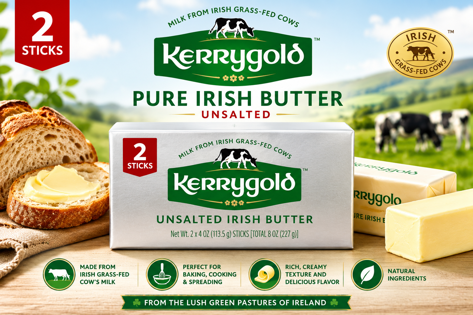 Kerrygold Irish Grass-Fed Unsalted Butter Sticks, 8 oz