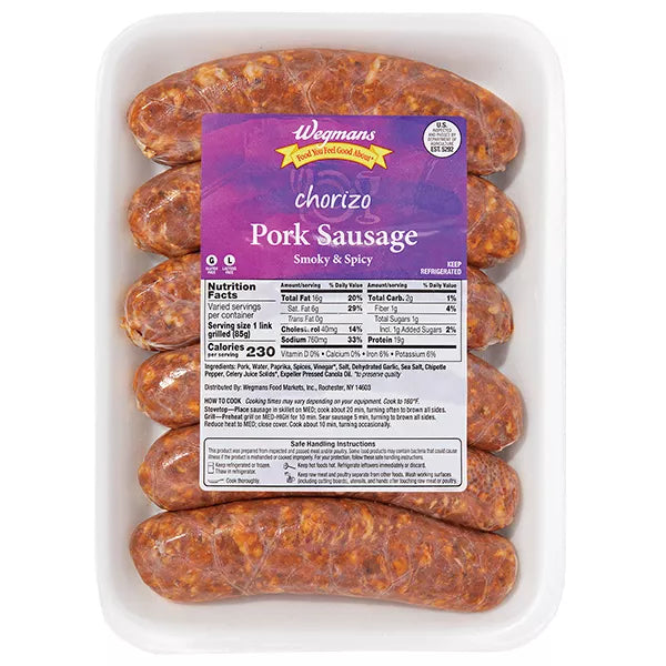 Wegmans Chorizo Pork Sausage
Avg. 1.39 lbs