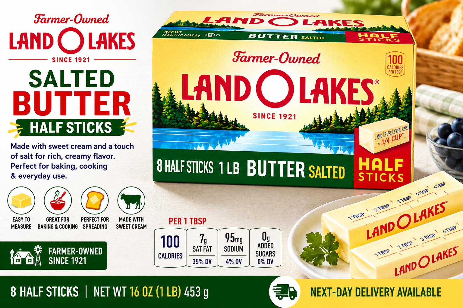 Land O Lakes Salted Butter Half Sticks, 16 oz (1 lb, 8 Half Sticks)