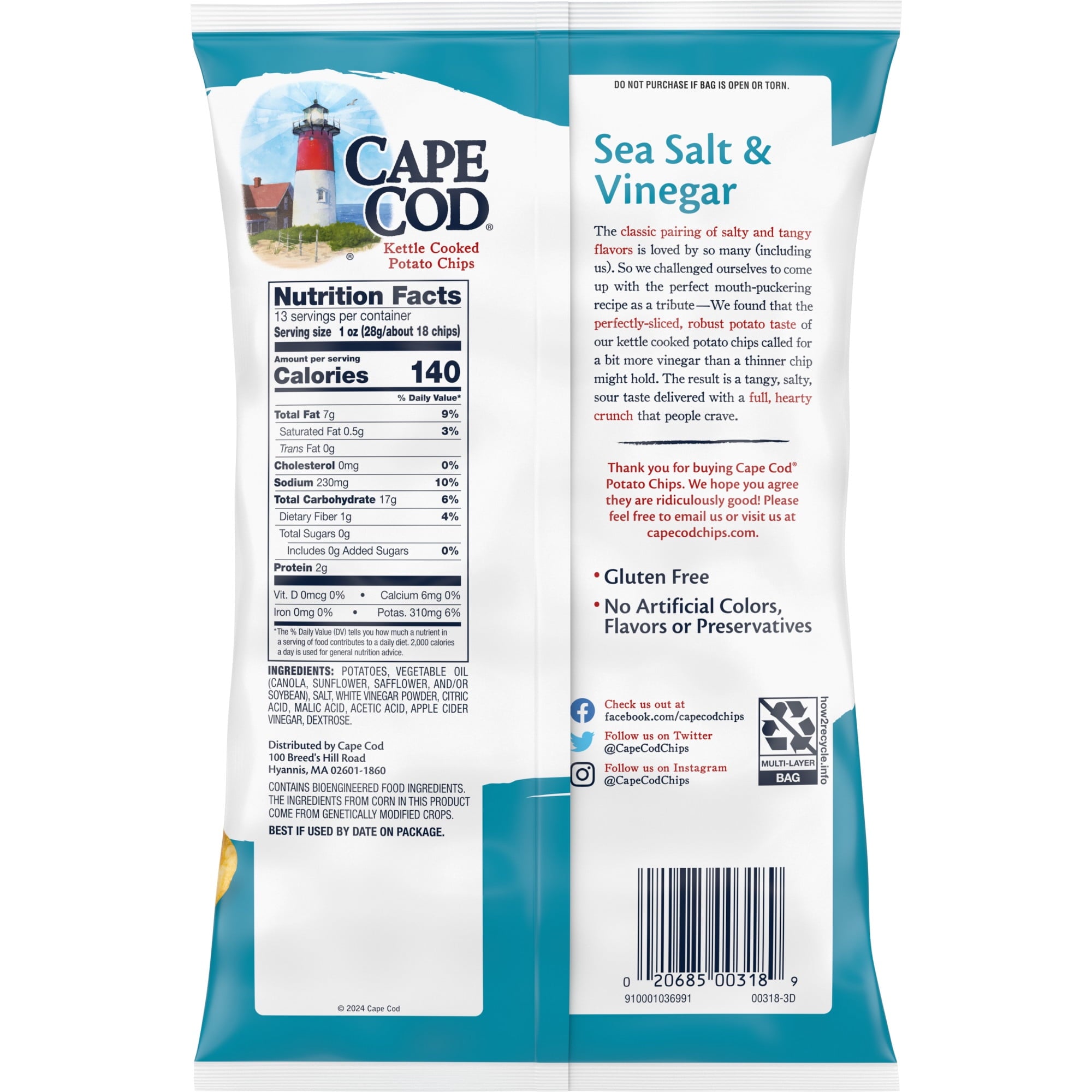 Sea Salt & Vinegar Kettle Cooked Potato Chips 13 Oz Cape Cod