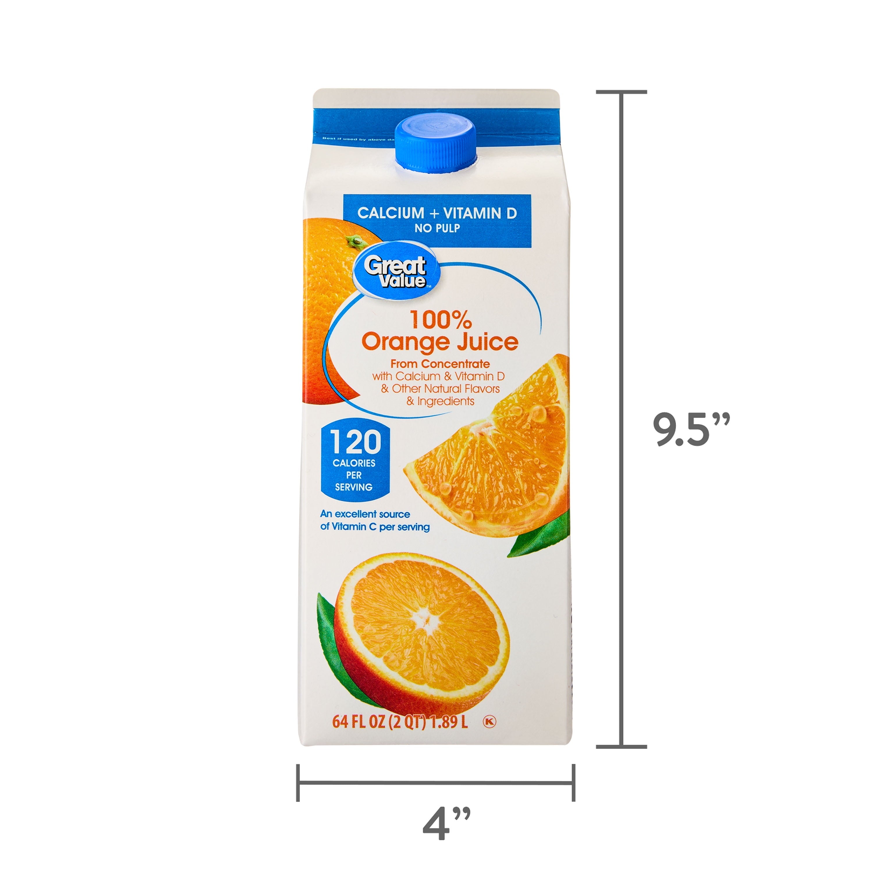 Great Value 100% Orange Juice From Concentrate No Pulp Calcium & Vitamin D 64 fl oz