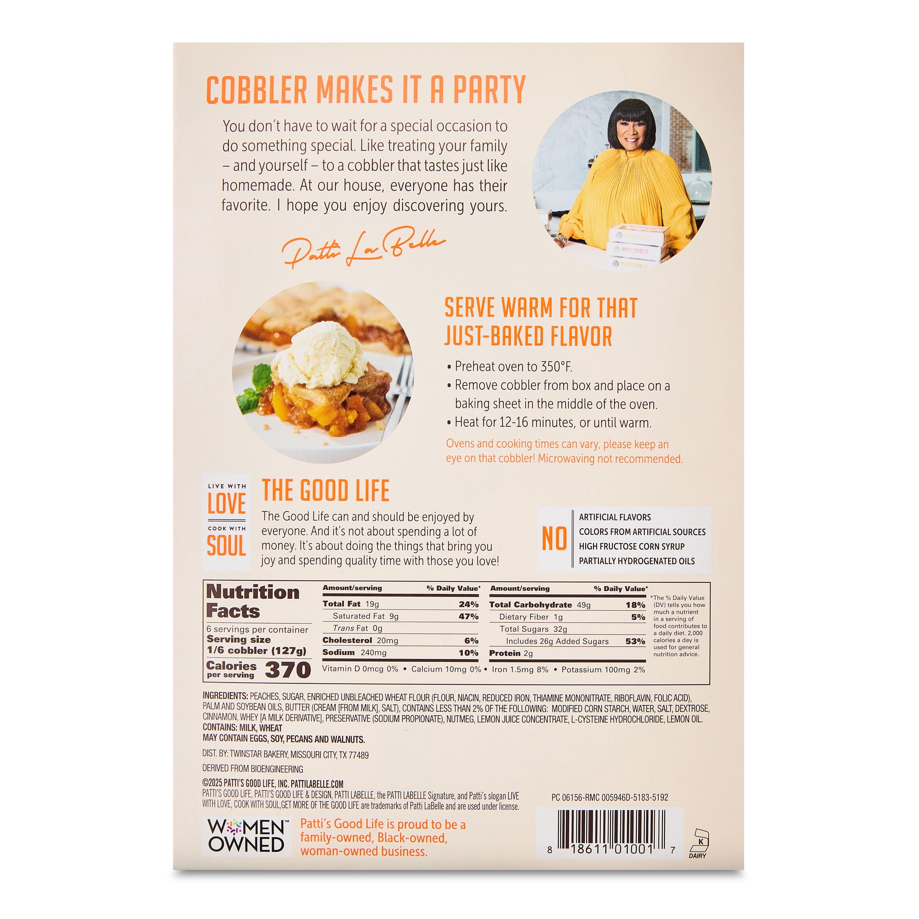 Peach Cobbler 31 Oz Shelf-Stable Baked Patti LaBelle