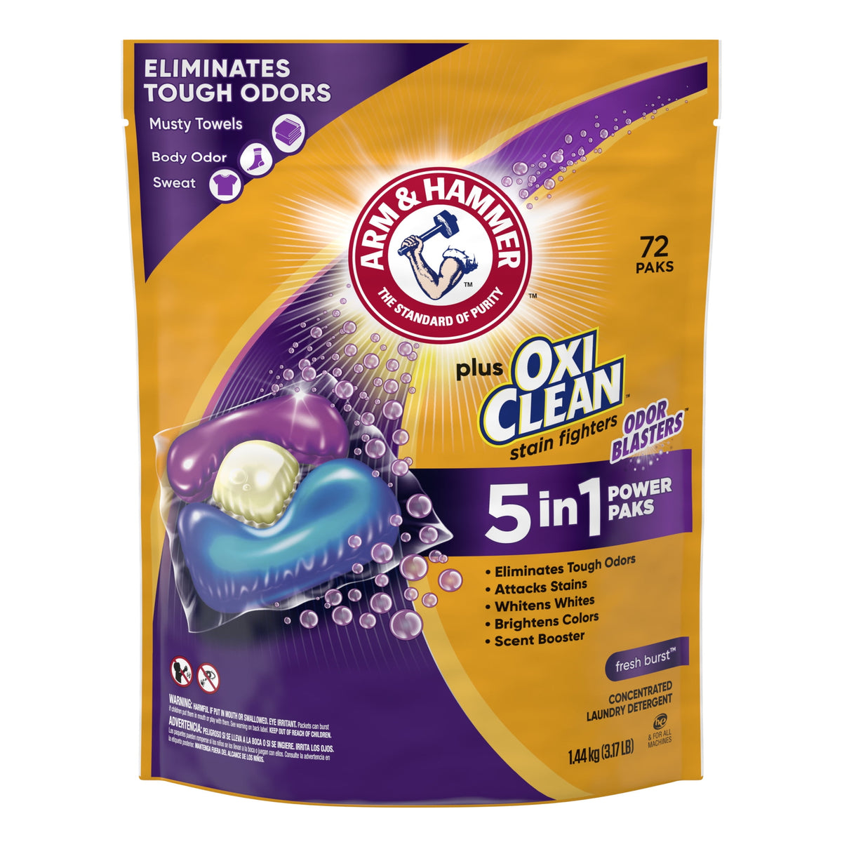 ARM & HAMMER Plus OxiClean Odor Blasters 5-in-1 Laundry Detergent Power Paks Fresh Burst 72 Count