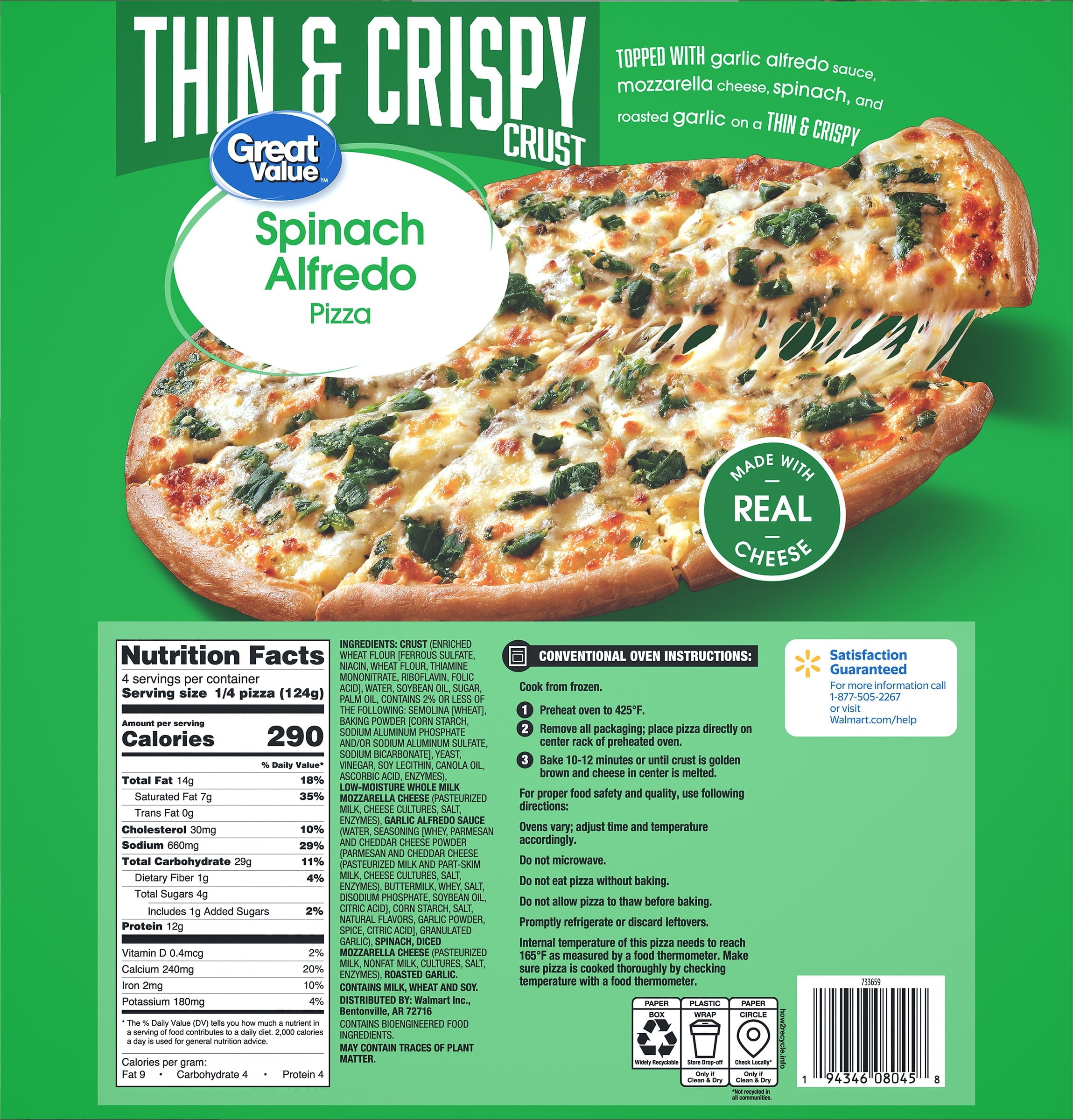Great Value Thin and Crispy Crust Spinach Alfredo Frozen Pizza 17.45 Oz