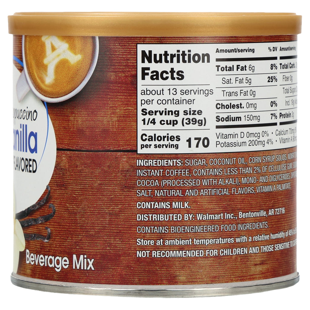 Great Value French Vanilla Naturally Caffeinated Instant Cappuccino Drink Mix 16 oz Canister
