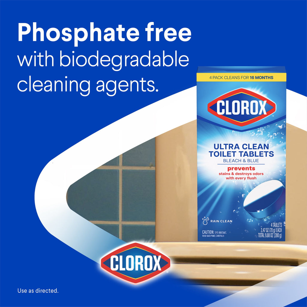 Clorox Bleach & Blue Toilet Bowl Cleaner Tablets Rain Clean 4 Count