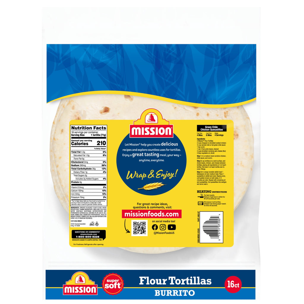Super Soft Flour Tortillas Burrito Size 2.86 Lb 16 Count Mission
