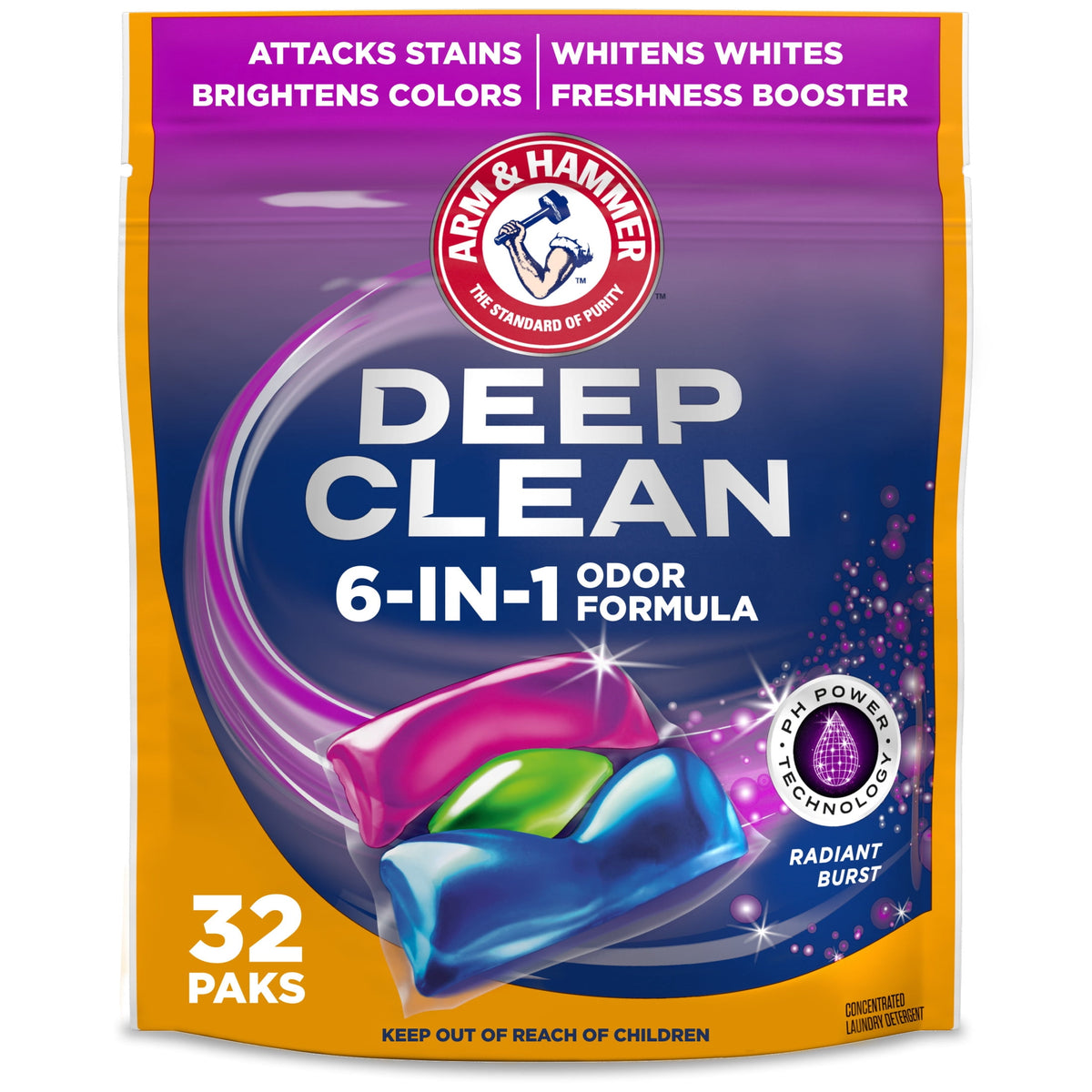 ARM & HAMMER Deep Clean Odor Formula Laundry Detergent Power Paks Radiant Burst Scent 32 Count