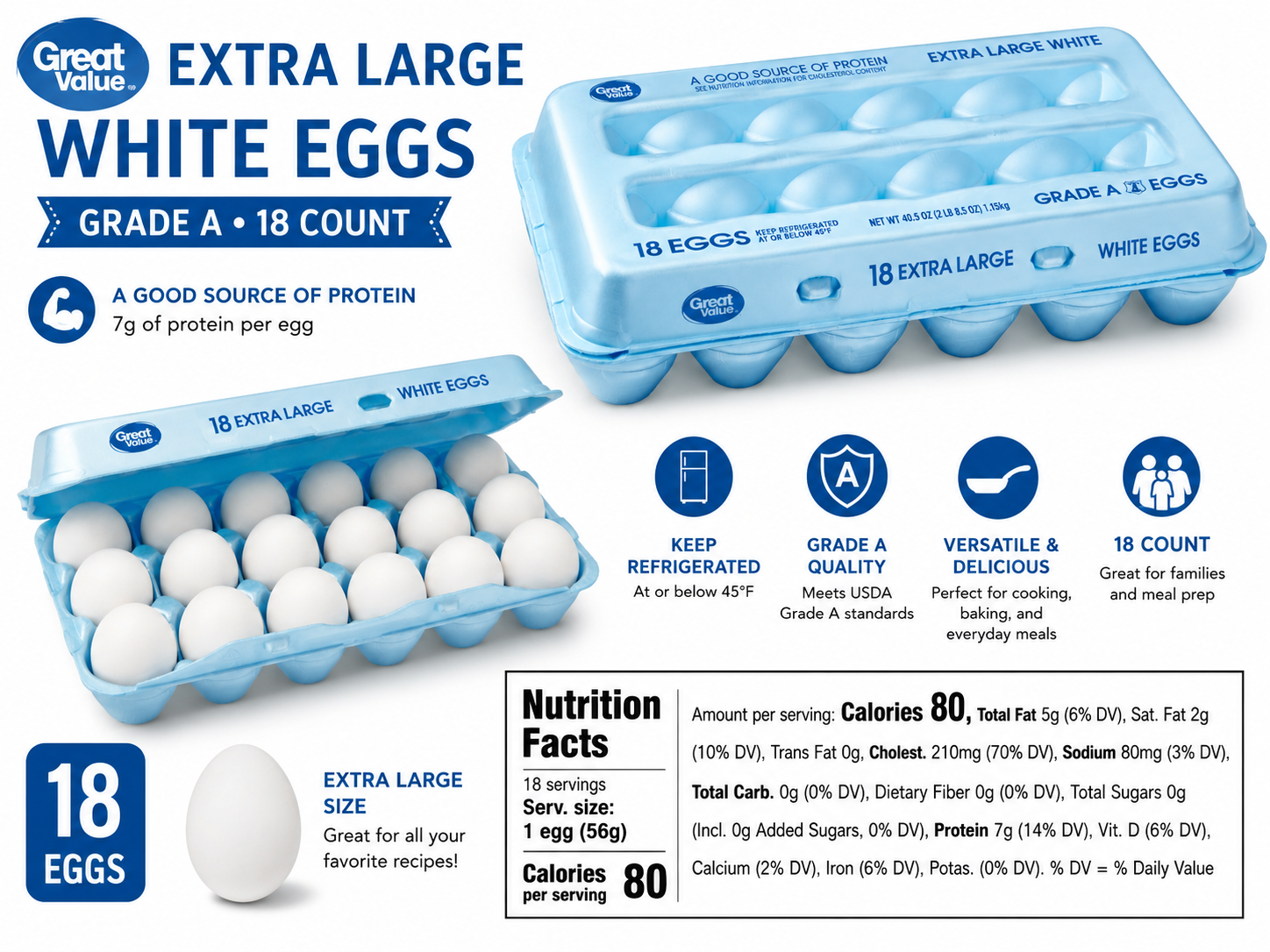 Great Value Extra Large White Eggs, Grade A, 18 Count