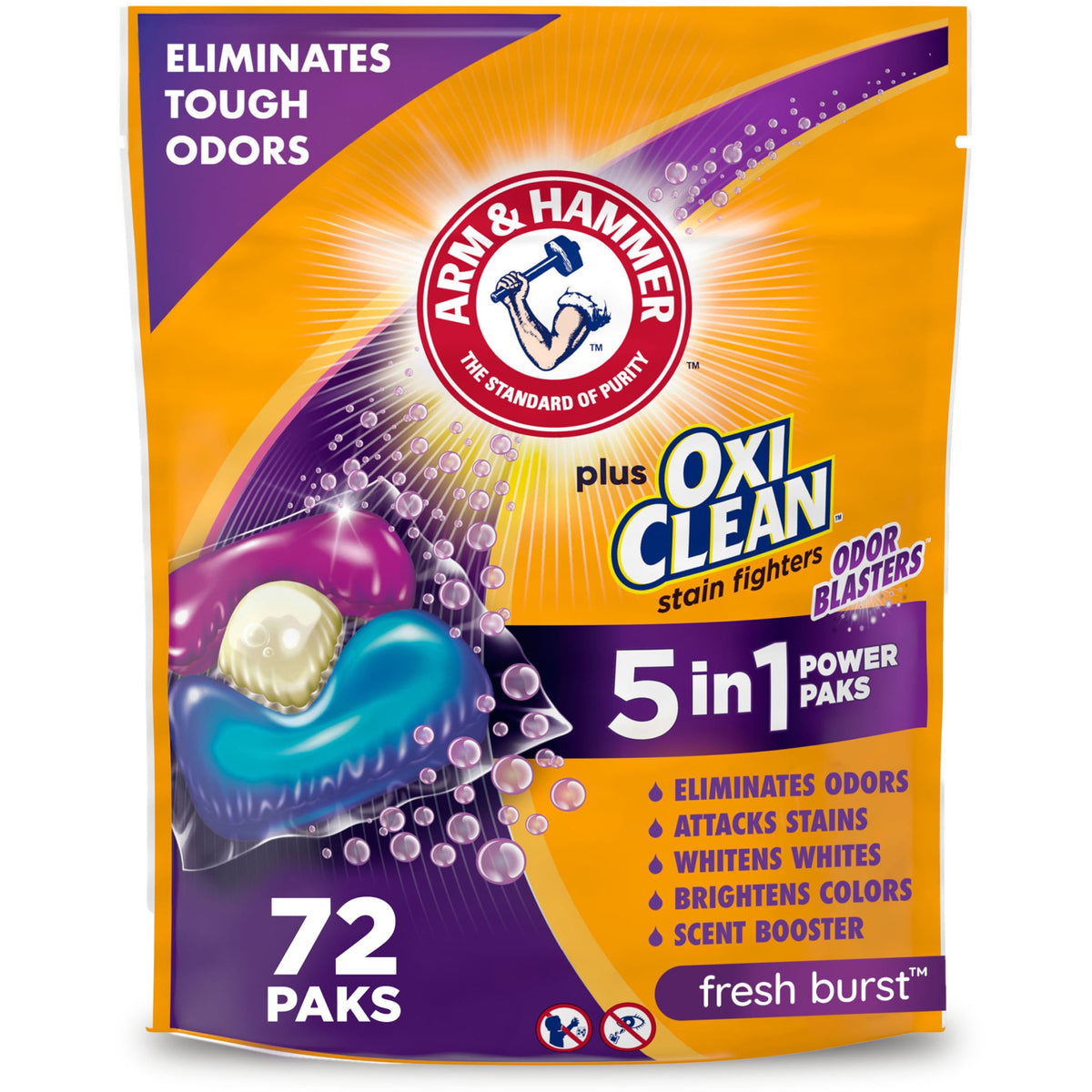 ARM & HAMMER Plus OxiClean Odor Blasters 5-in-1 Laundry Detergent Power Paks Fresh Burst 72 Count