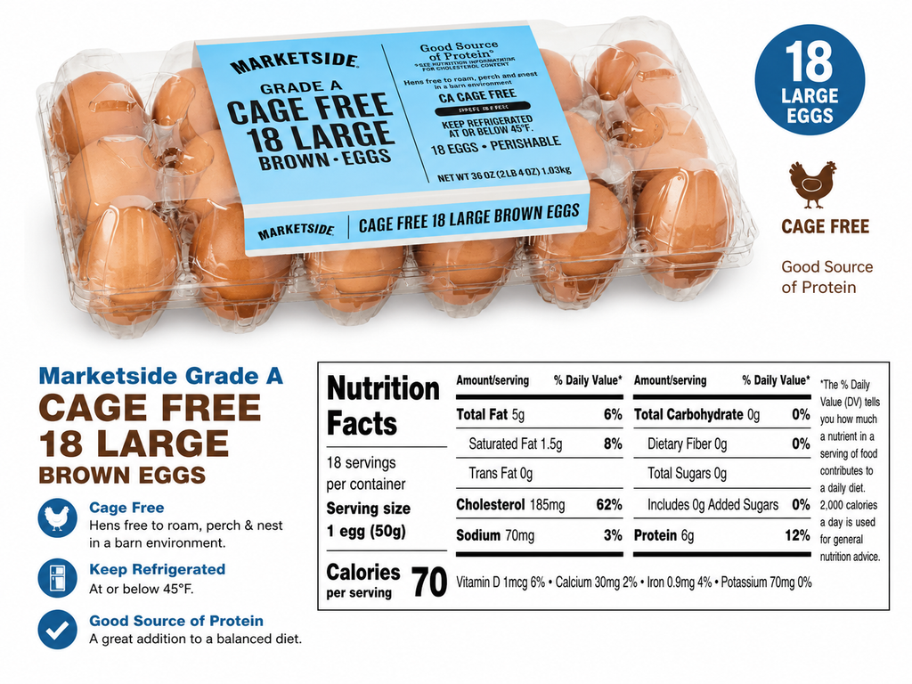 Marketside Cage-Free Large Brown Eggs, Grade A, 18 Count