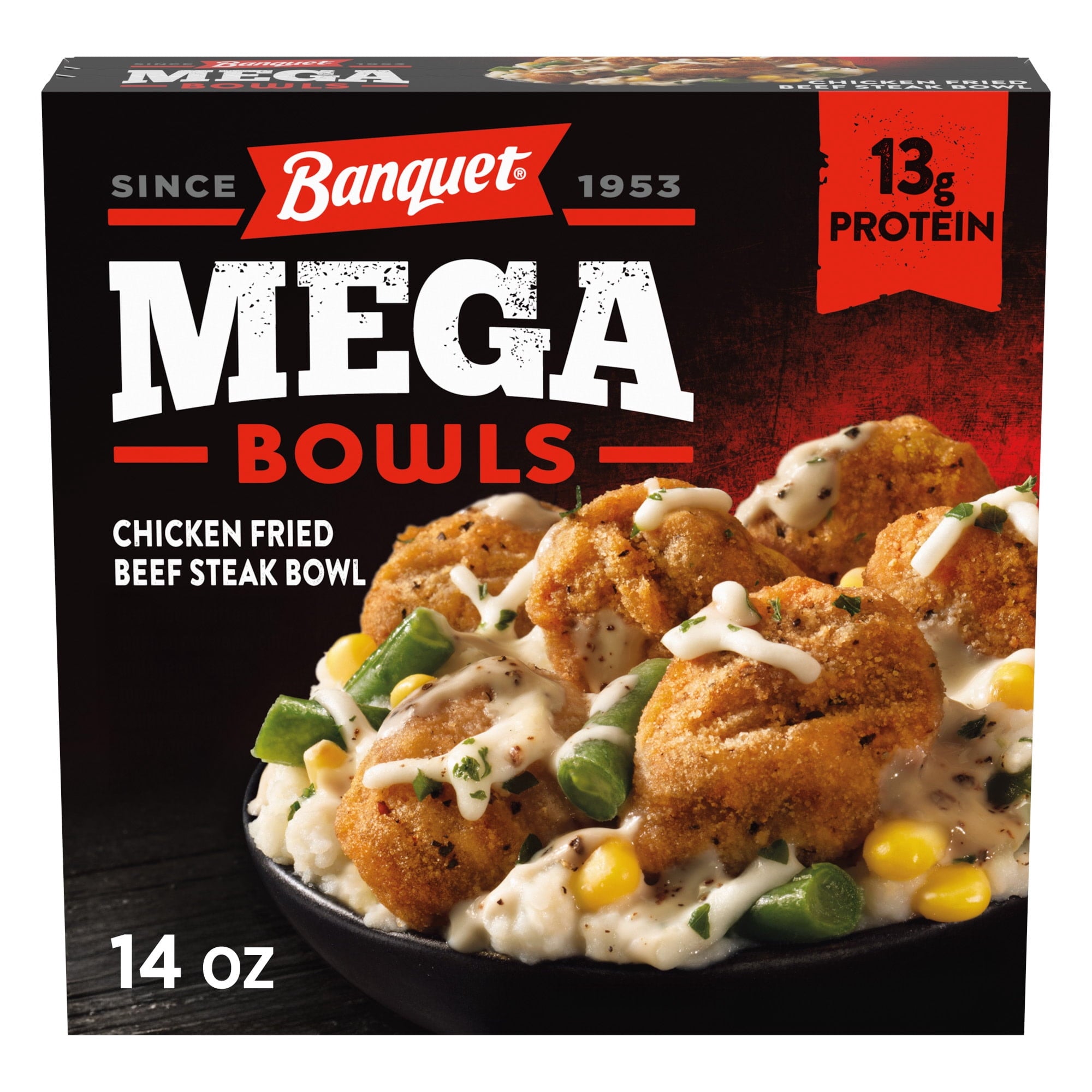 Banquet Mega Bowls Chicken Fried Beef Steak Frozen Meal 14 Oz