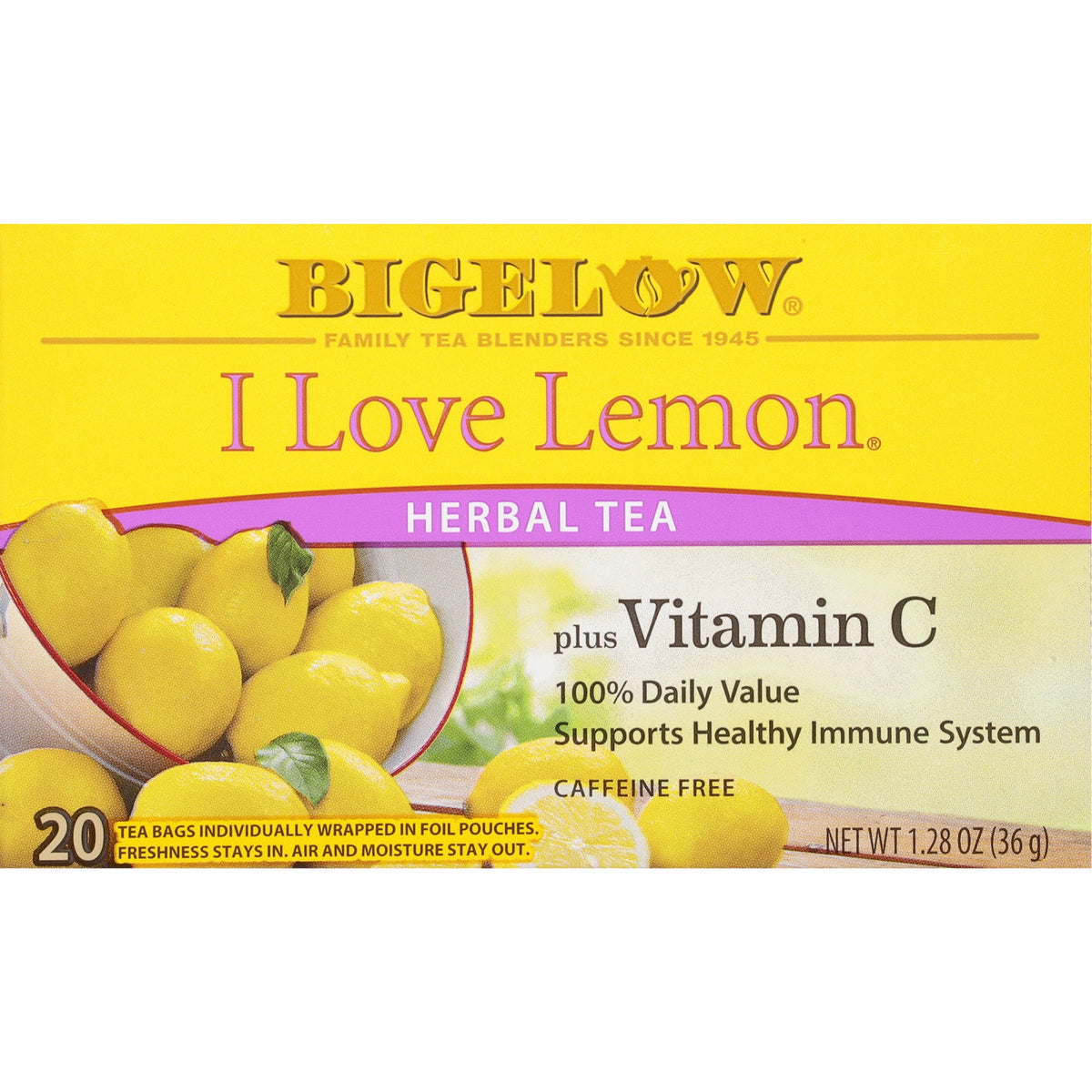 Bigelow I Love Lemon with Vitamin C Caffeine-Free Herbal Tea Bags 20 Count