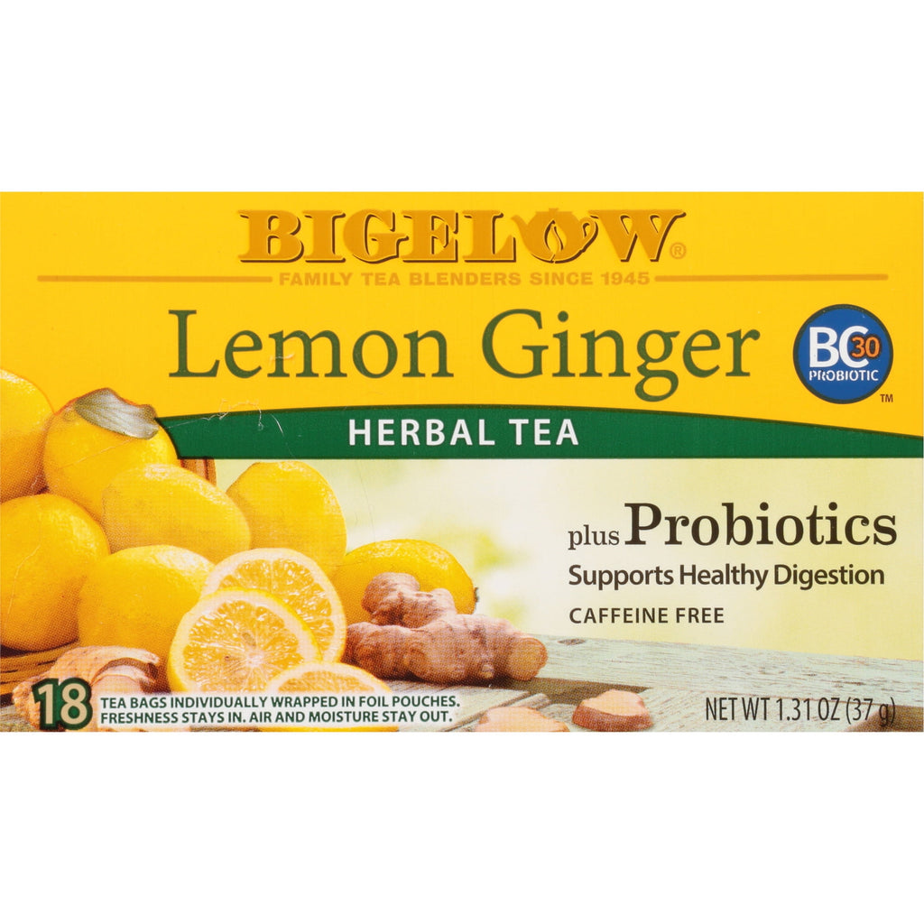 Bigelow Tea Lemon Ginger Plus Probiotics Caffeine-Free Herbal Tea Bags 18 Count