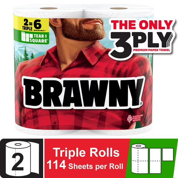 Brawny Tear-A-Square 3-Ply Paper Towels, 2 Triple Rolls, 114 Sheets per Roll
