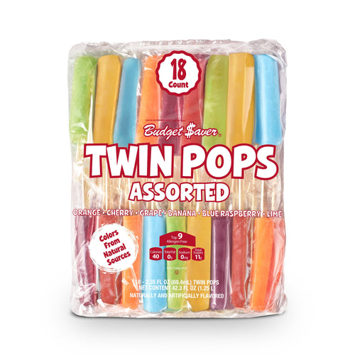 Budget Saver Twin Pops Cherry Banana Grape Orange Assorted 18 Count 42.3 Fl Oz