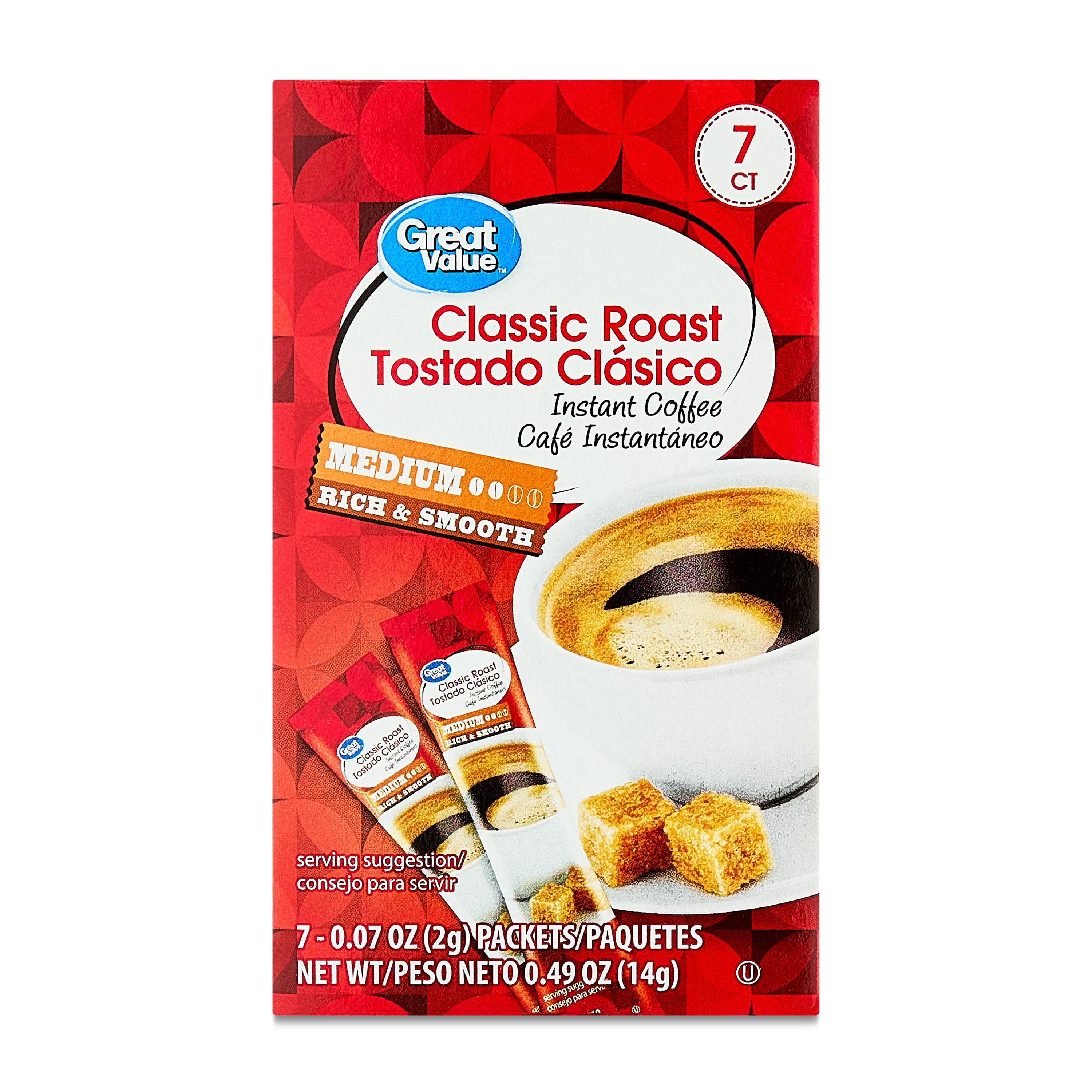 Great Value Classic Roast Naturally Caffeinated Medium Instant Coffee 0.49 oz 7 Count