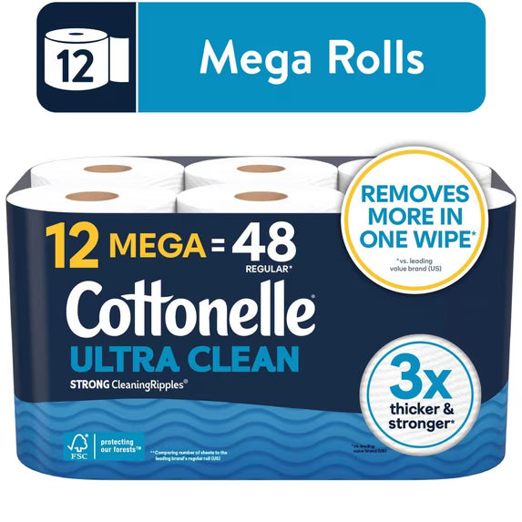 Cottonelle Ultra Clean Toilet Paper, Strong Toilet Tissue, 12 Mega Rolls