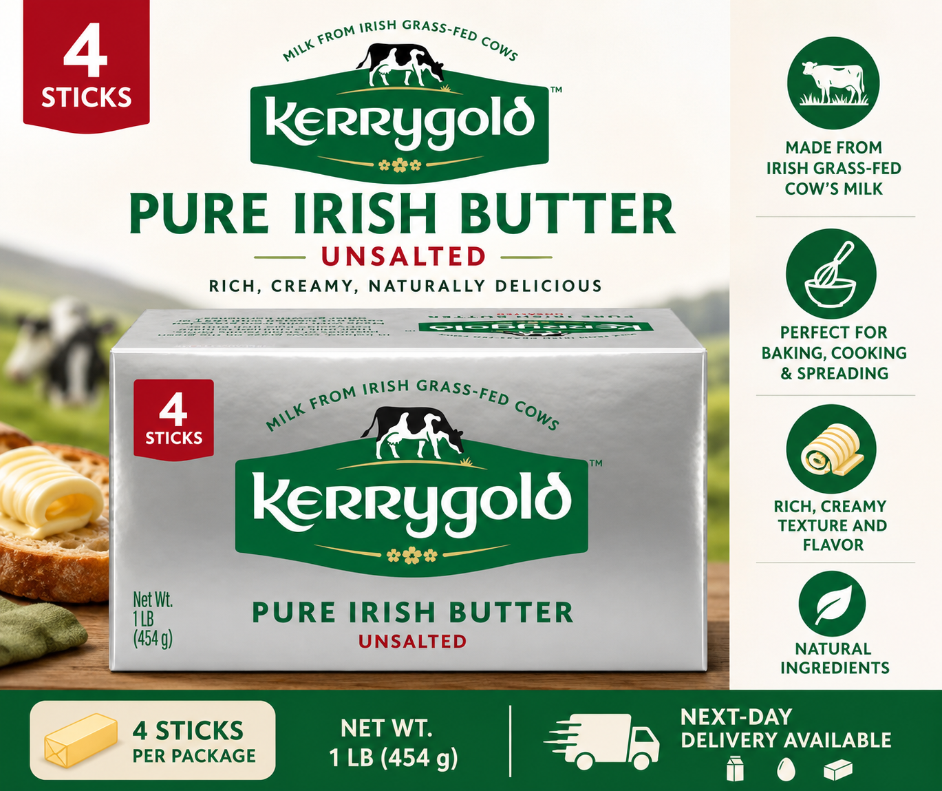 Kerrygold Pure Irish Unsalted Butter, 1 lb (4 Sticks)