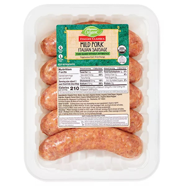Wegmans Organic Italian Classics Mild Pork Italian Sausage, Raised without Antibiotics-Avg. 1.04 lbs