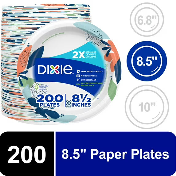 Dixie Disposable Paper Plates, 8.5", Multi-Color, 200 Count