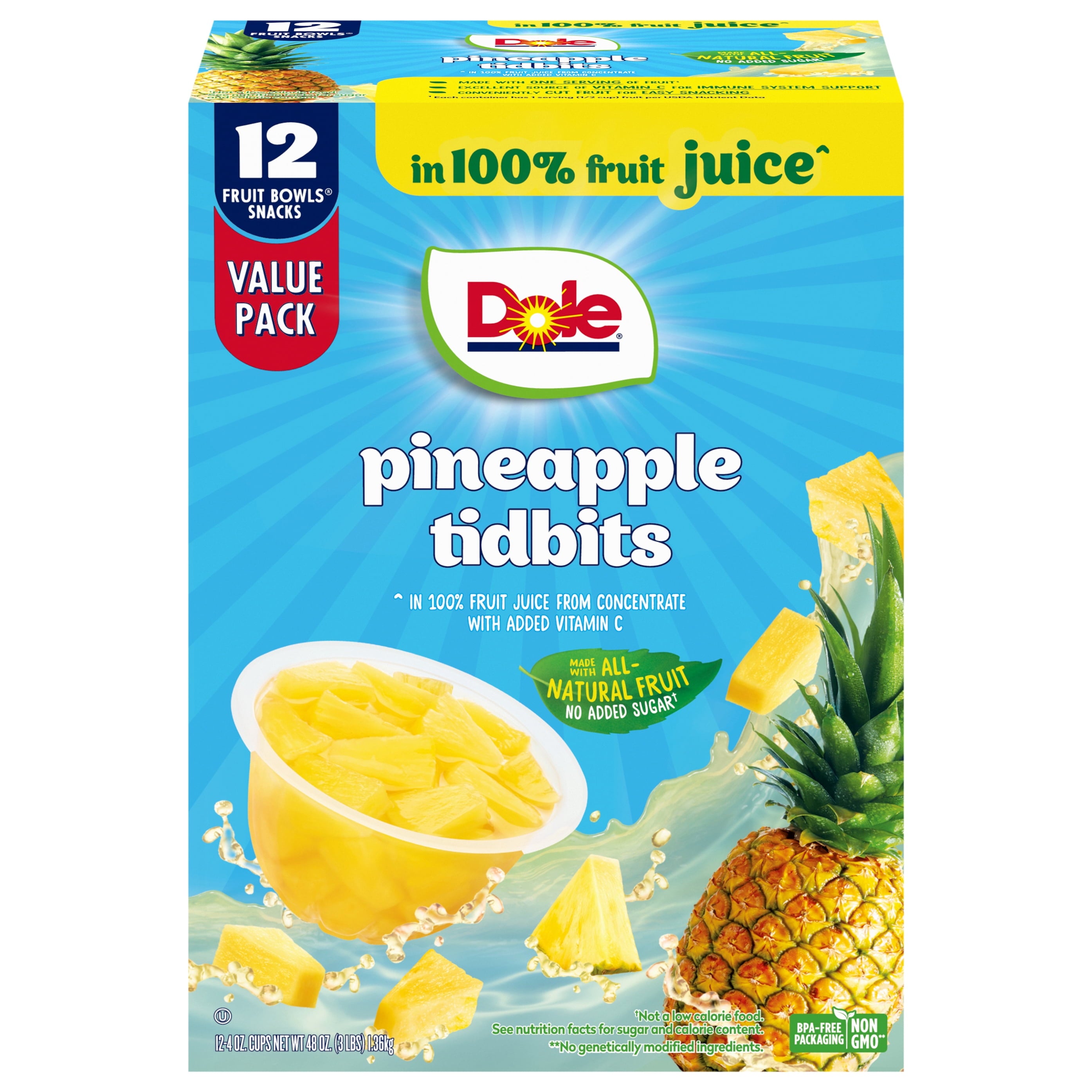 Dole Fruit Bowls Pineapple Paradise Tidbits in 100% Fruit Juice 4 oz Cups 12 Pack