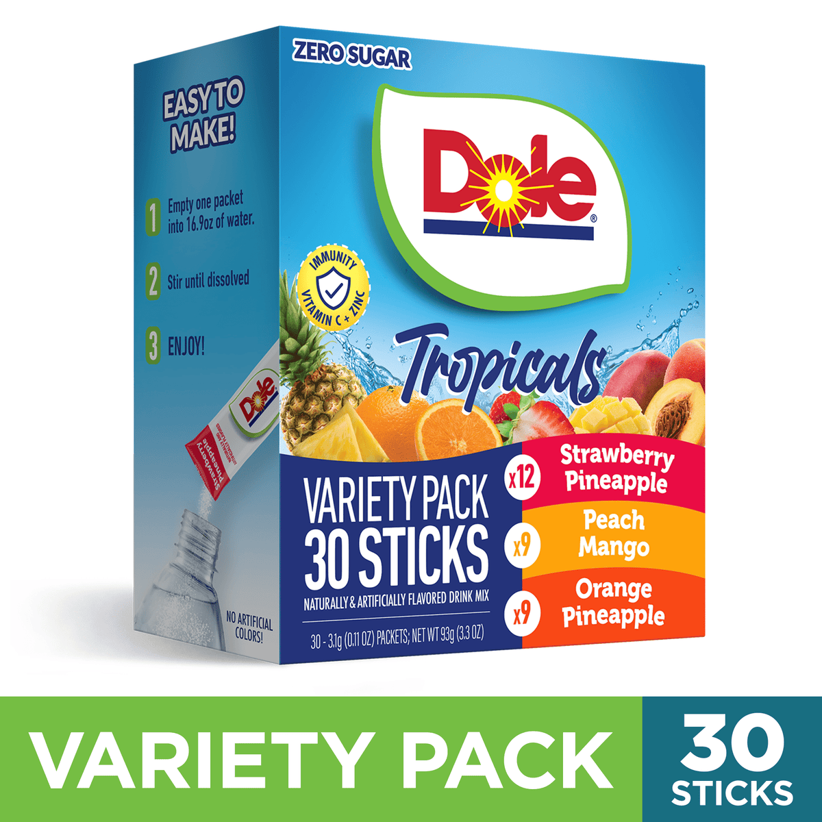 Dole Sugar-Free Drink Mix Variety Pack Tropical Peach Mango & Strawberry Pineapple 30 Count