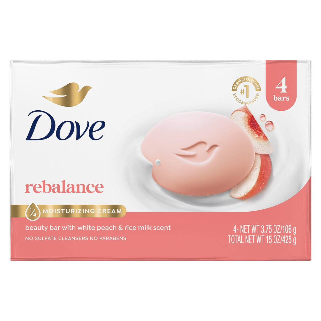 Dove Rebalancing Beauty Bar Soap White Peach & Rice Milk Moisturizing Cleanser 3.75 oz 4 Bars