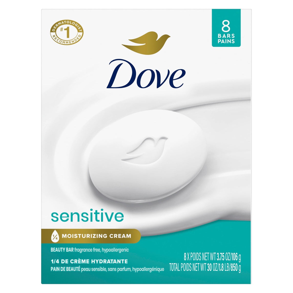 Dove Sensitive Skin Beauty Bar Soap Fragrance Free Hypoallergenic 3.75 oz 8 Bars
