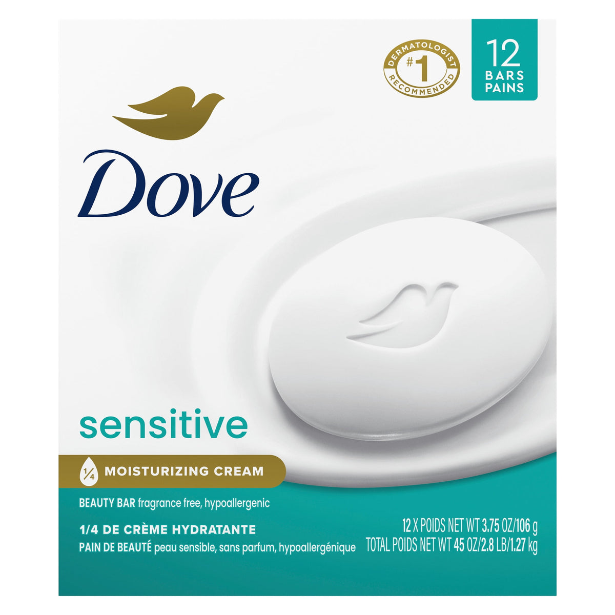 Dove Sensitive Skin Beauty Bar Soap Fragrance Free Hypoallergenic Moisturizing Cleanser 3.75 oz 12 Bars