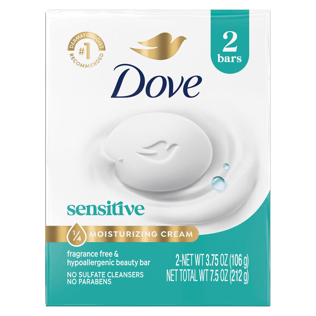Dove Sensitive Skin Beauty Bar Soap Fragrance Free Hypoallergenic 3.75 oz 2 Bars
