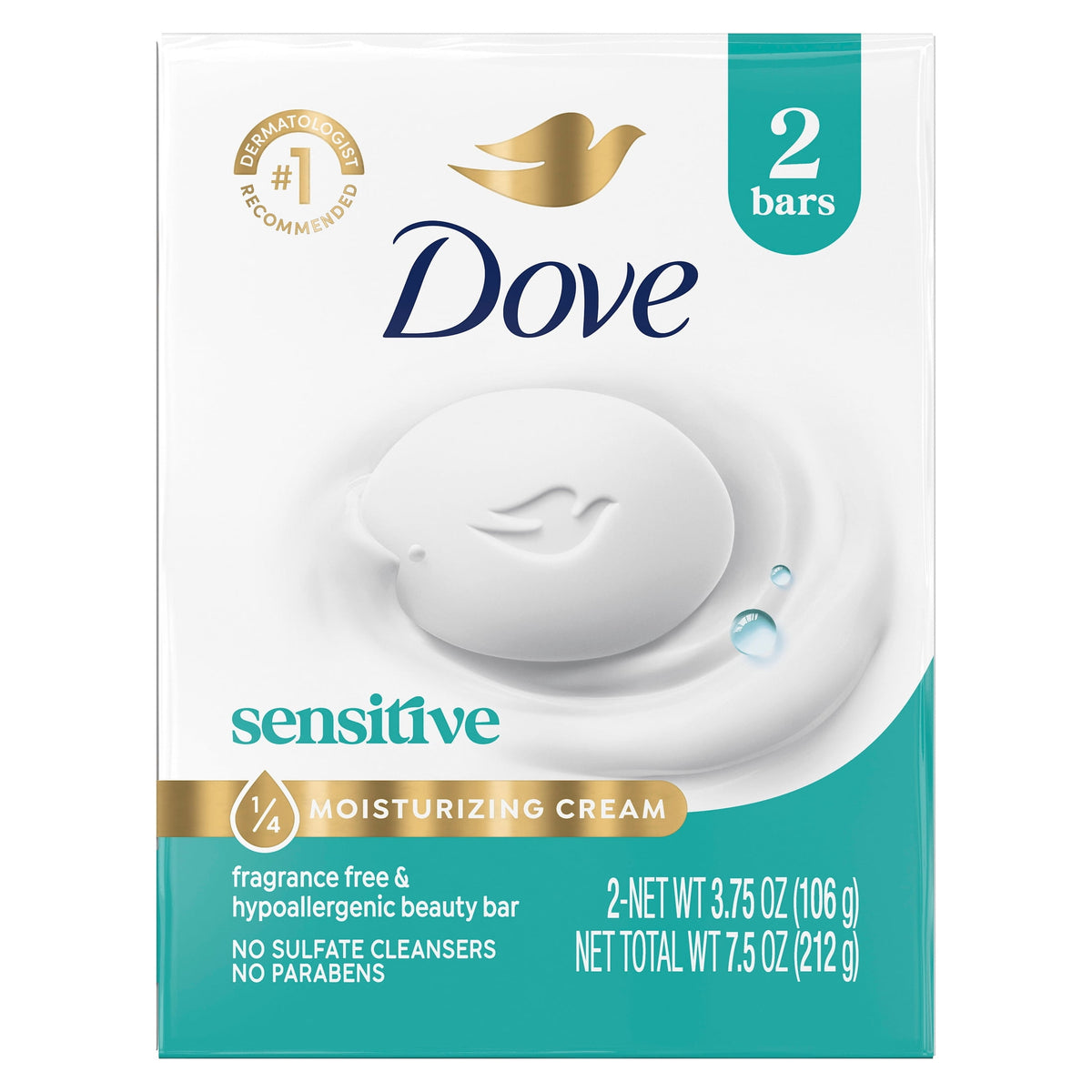Dove Sensitive Skin Beauty Bar Soap Fragrance Free Hypoallergenic 3.75 oz 2 Bars
