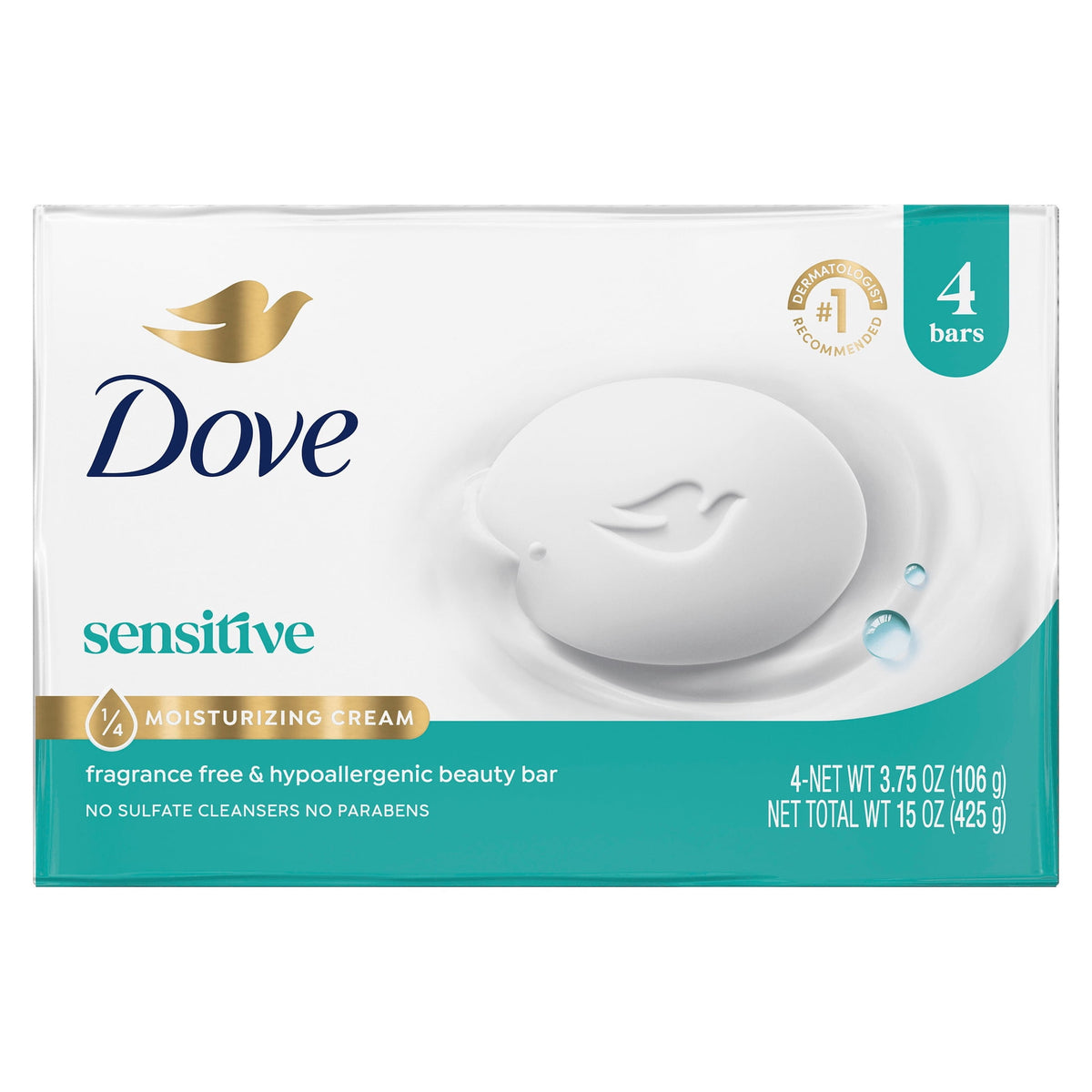 Dove Sensitive Skin Beauty Bar Soap Fragrance Free Hypoallergenic Moisturizing Cleanser 3.75 oz 4 Bars